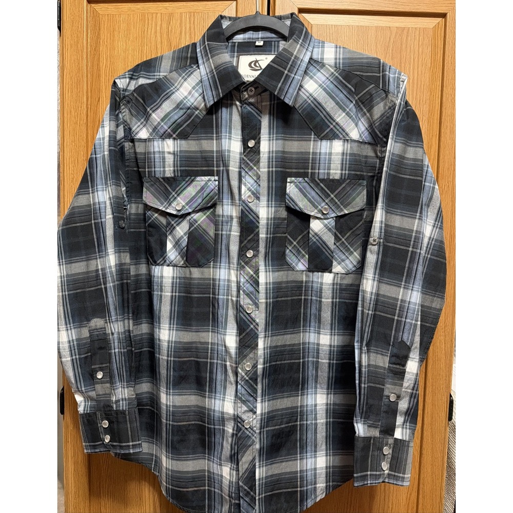 Coevals Club Shirt Men's M - Western Pearl Snap Button Long Sleeve Blue Plaid